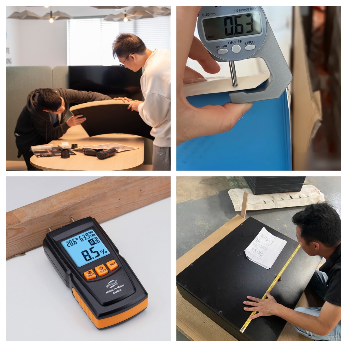 In-sales collage: inspecting semi-finished parts with a caliper, moisture meter and tape measure