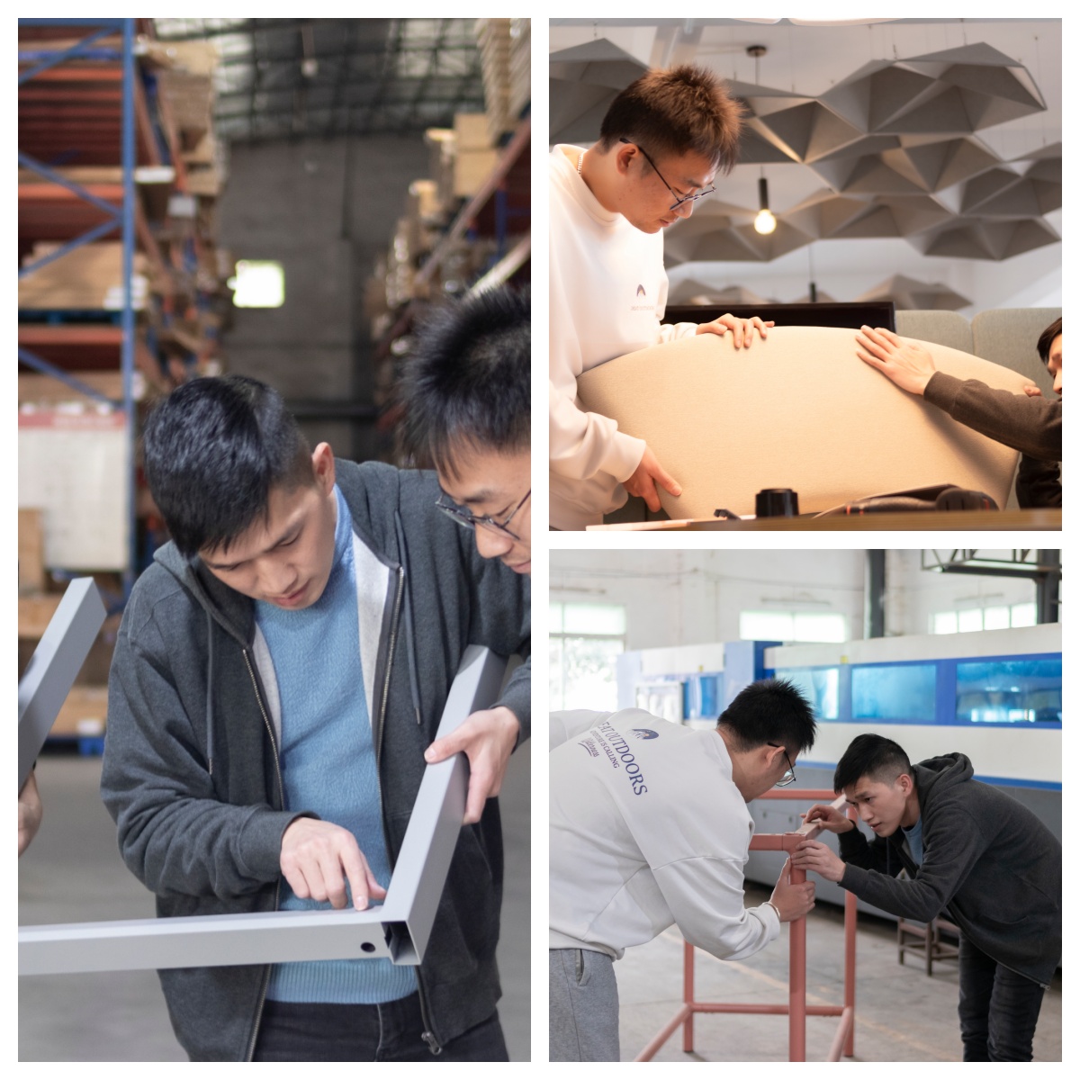 Quality control collage: inspectors checking metal frames and upholstered furniture