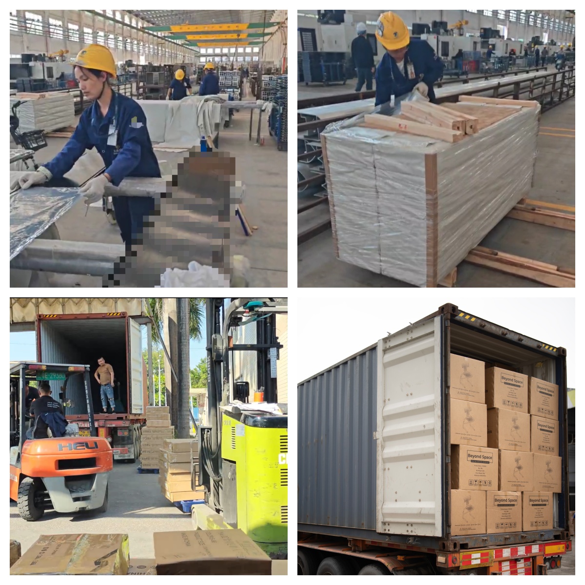 After-sales collage: wrapping products, forklift loading and a packed shipping container
